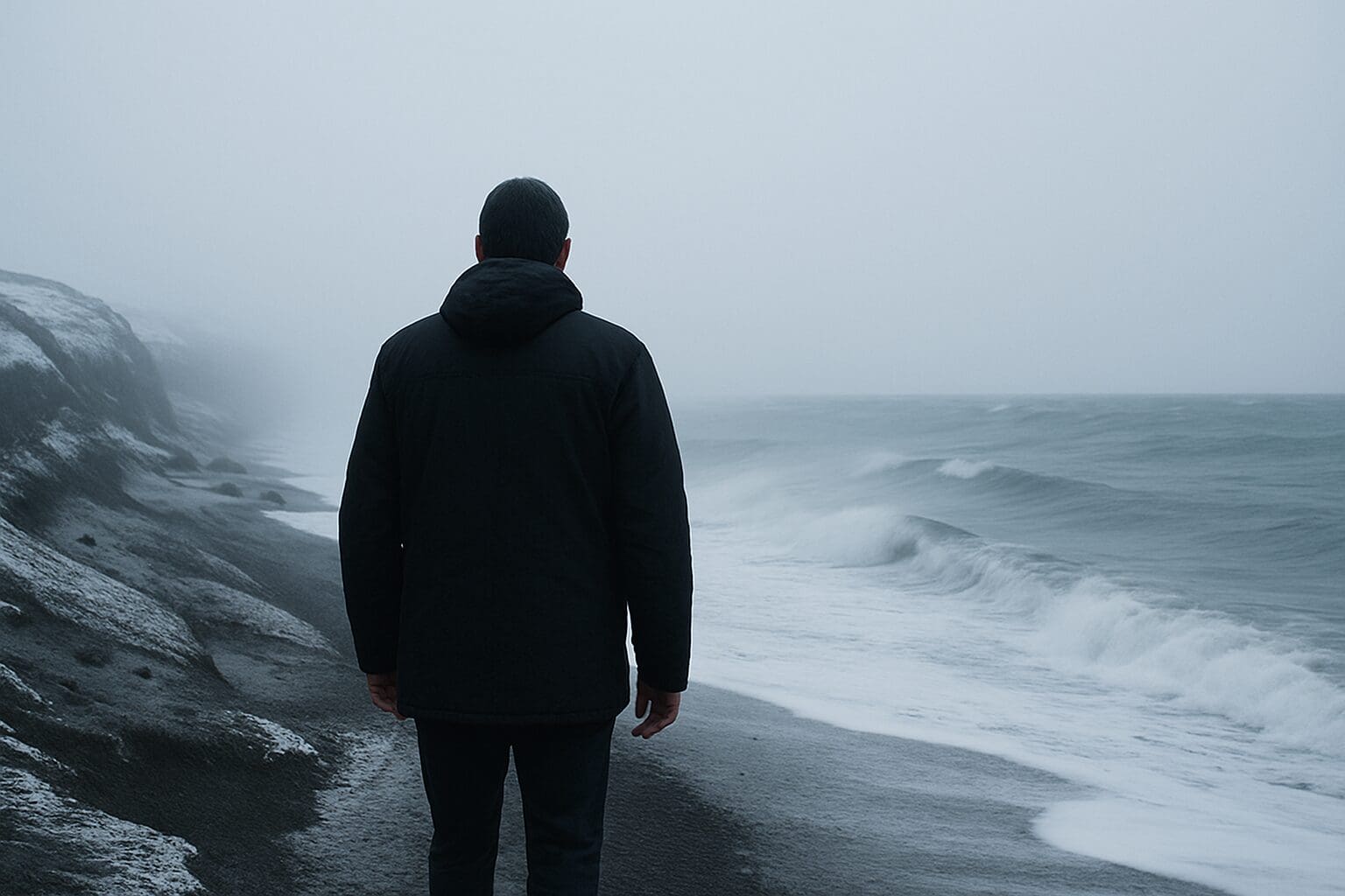 Person standing alone on a foggy shoreline, facing rough waves and an overcast sea.