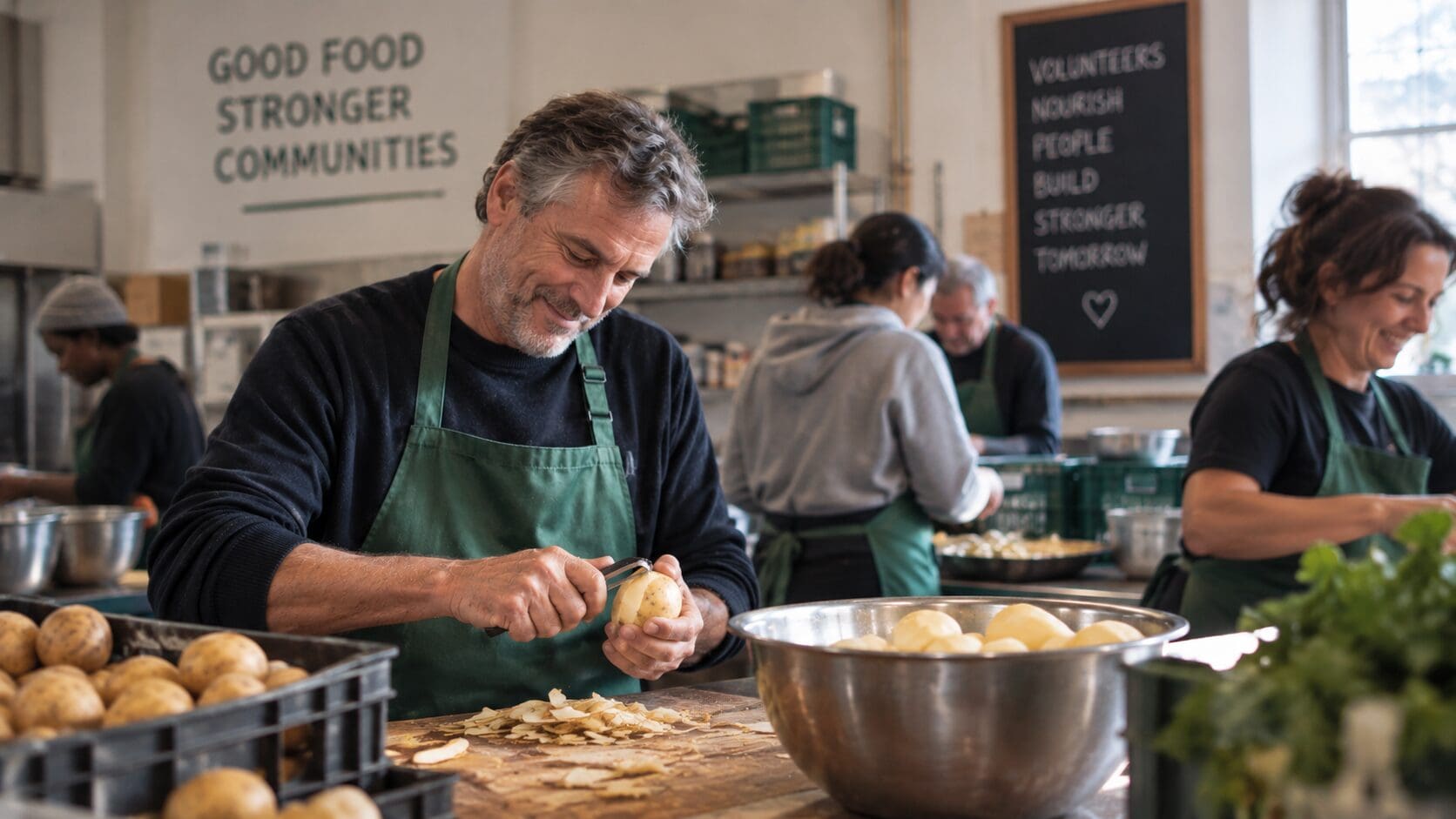 Executive peeling potatoes at a food bank